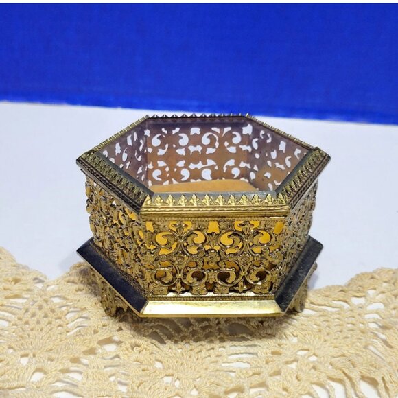 Antique Gold Ormolu Jewelry Box Hexagon with Glass Hinged Lid - Picture 1 of 8
